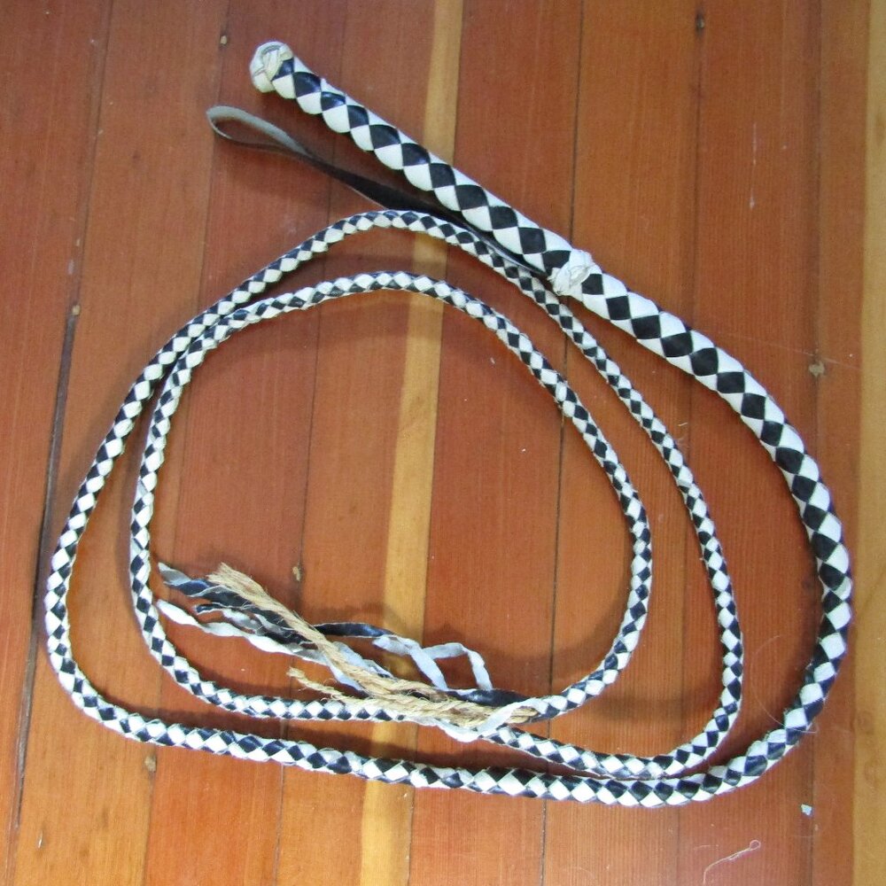 Vintage 1960s Mexican Braided Leather Whip - Black & White Diamond Pattern